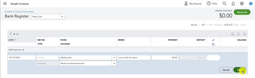 Entering an expense in the Bank Register in QuickBooks Online