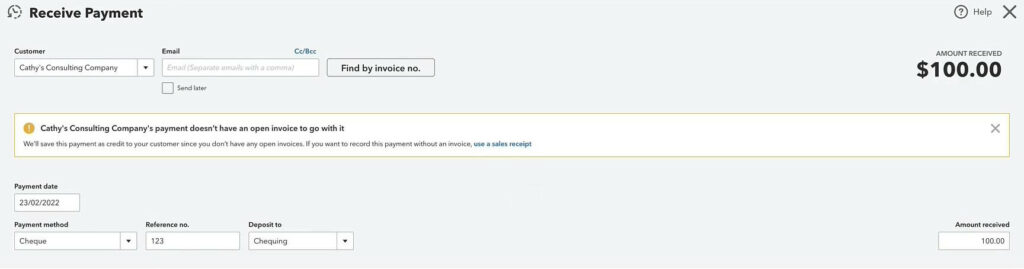 Filled in Receive Payment screen in QuickBooks Canada