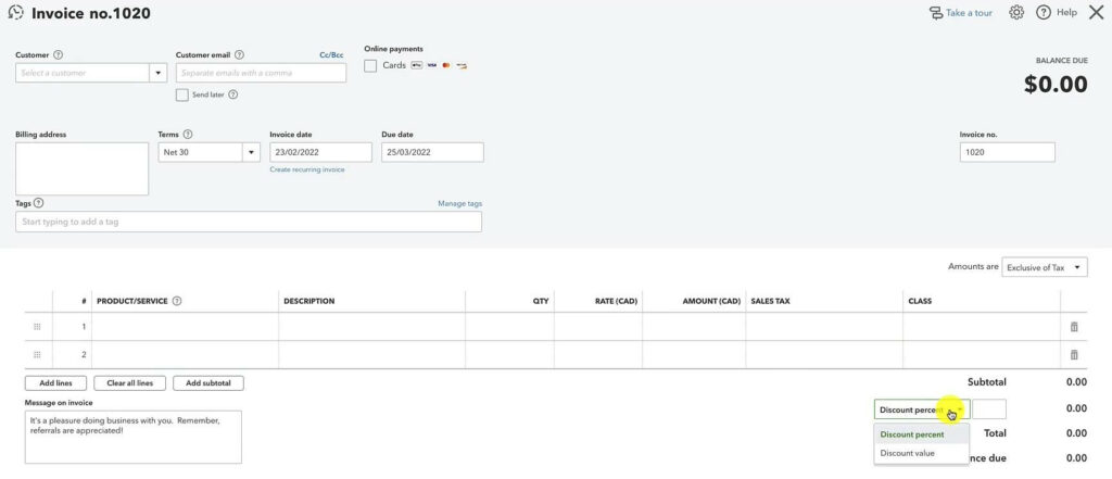 Discounts on an invoice in QuickBooks Canada.
