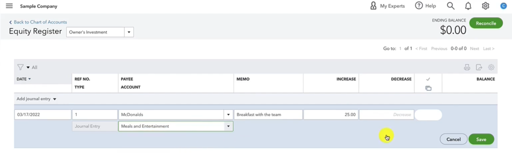 A Journal Entry in the QuickBooks Online Equity Register for a business expense paid personally.