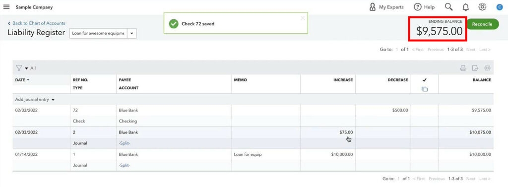 Ending Balance on a loan register after making a payment in QuickBooks Online