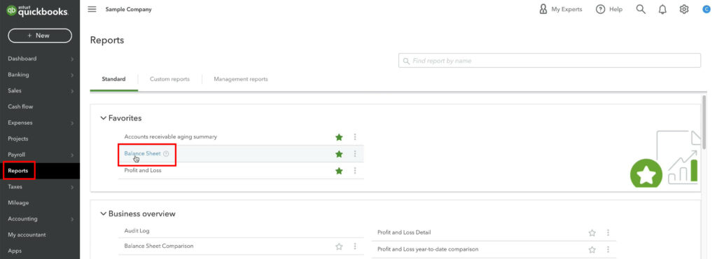 Navigating to the Balance Sheet in QuickBooks Online