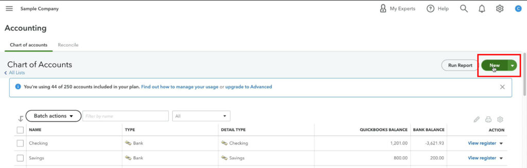 New button in the Chart of Accounts in QuickBooks Online