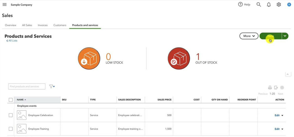 Creating a new service from the Products and Services page in QuickBooks Canada