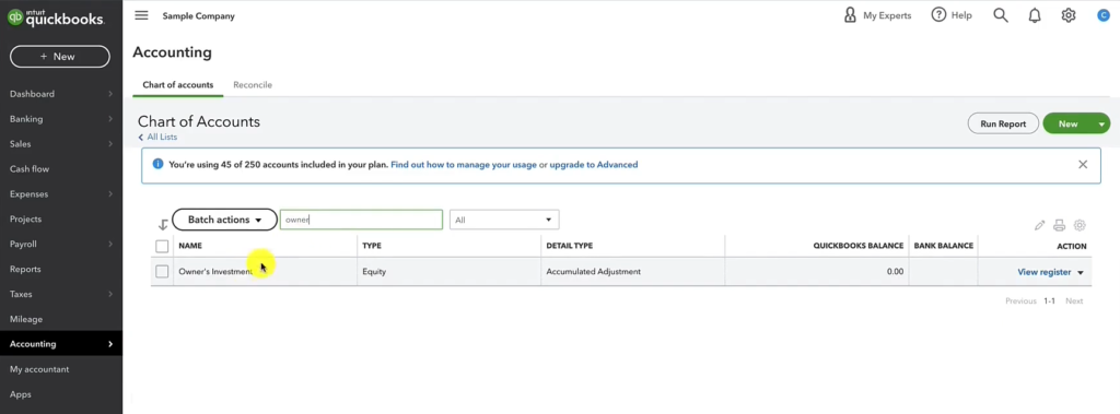 Searching for the Owner's Investment account in the QBO Chart of Accounts