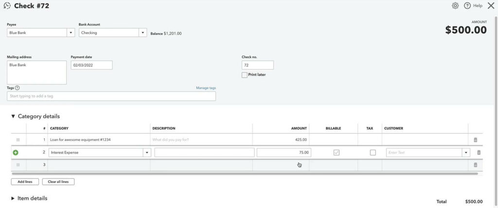 Entering a loan payment as a check in QuickBooks Online