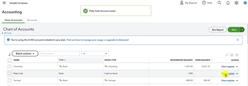 Petty Cash account in the QuickBooks Online chart of accounts.