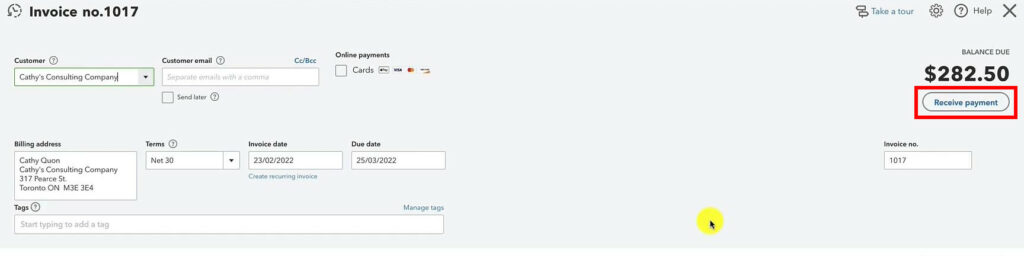 Receive payment button on an invoice in QuickBooks Canada