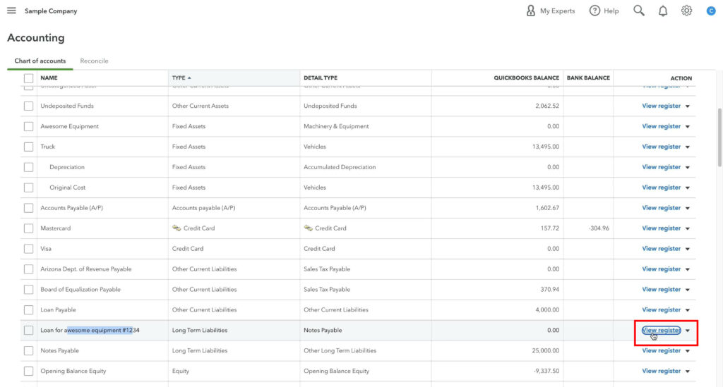 How to view the register of an account in QuickBooks Online