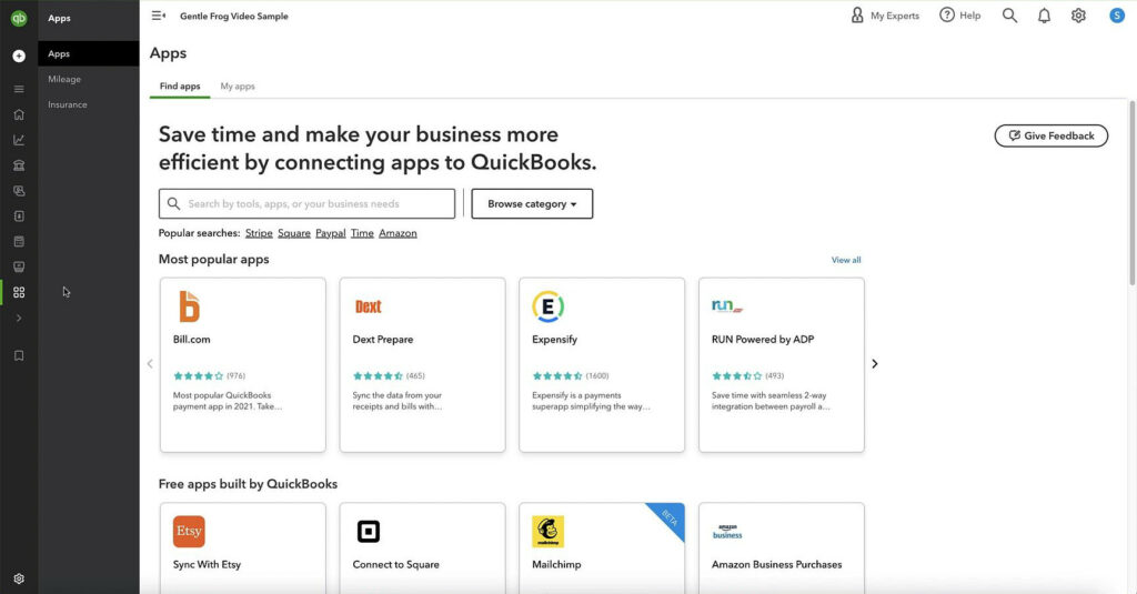 Apps section of QuickBooks Online