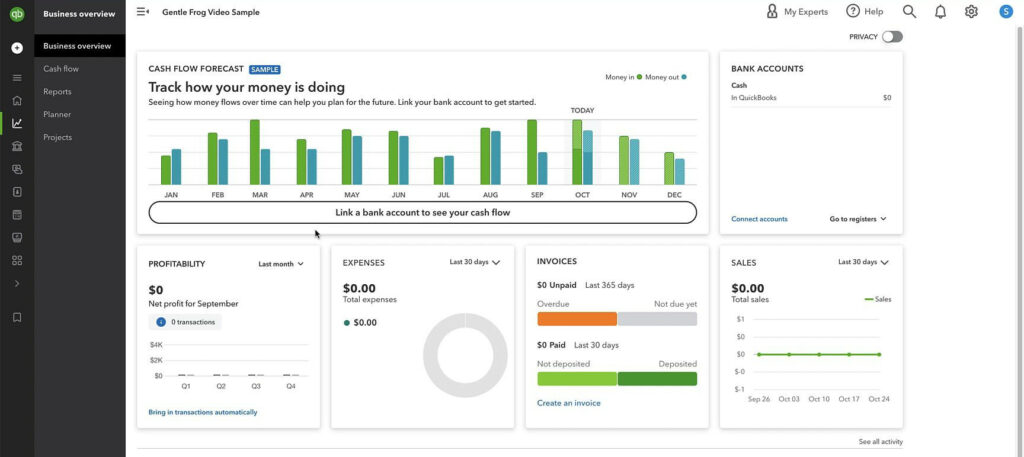 Business Overview screen in QuickBooks Online