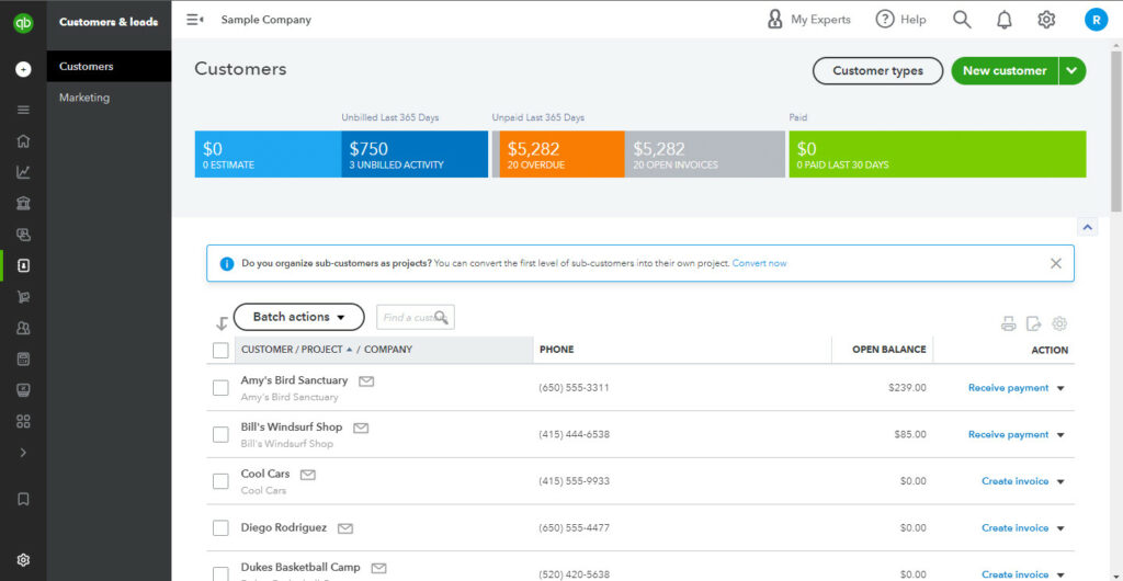 Customers in list in QuickBooks Online