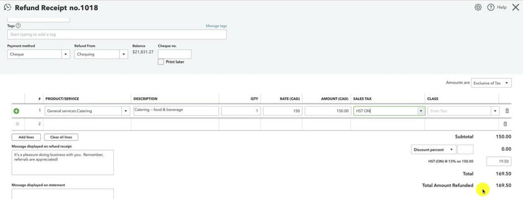 Filled out refund receipt in QuickBooks Canada