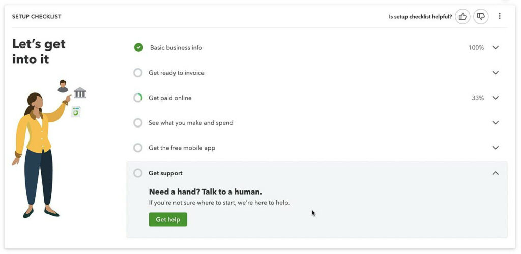 Get support section of the QuickBooks Online setups checklist.