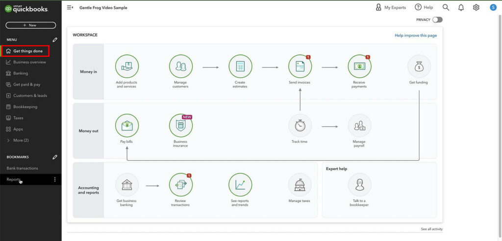 Get things done section of the QuickBooks left-side nav menu