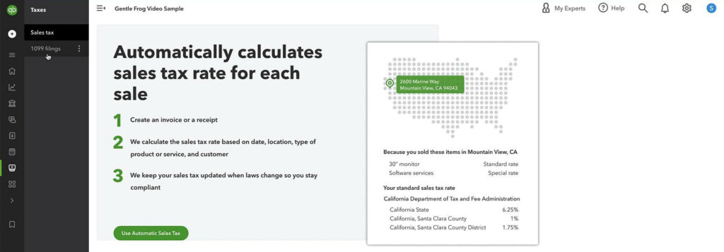 Taxes section of the QuickBooks left-side nav menu