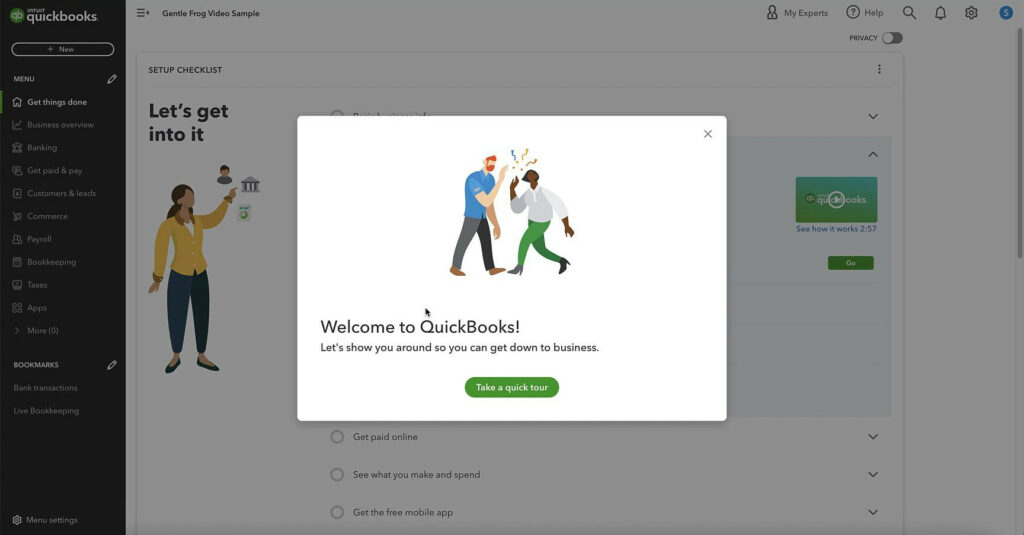 Welcome to QuickBooks! screen after initial QuickBooks Online setup.