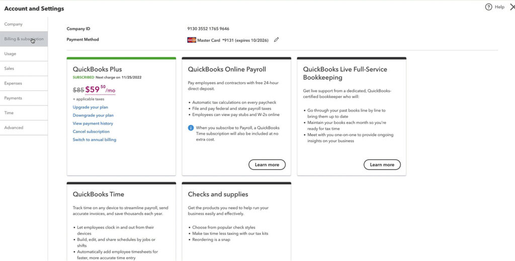 Billing & Subscription section of the QuickBooks Online Account and settings.