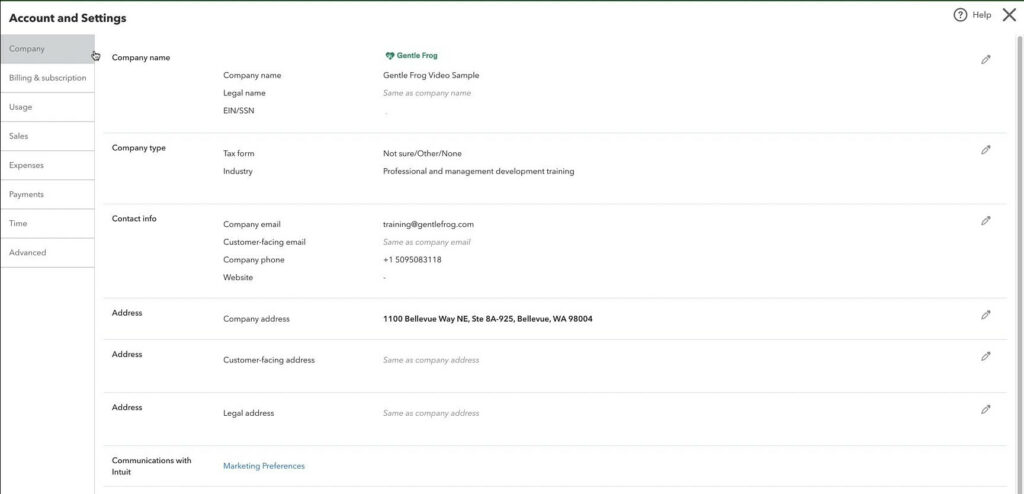 Company section of the QuickBooks Online Account and settings.