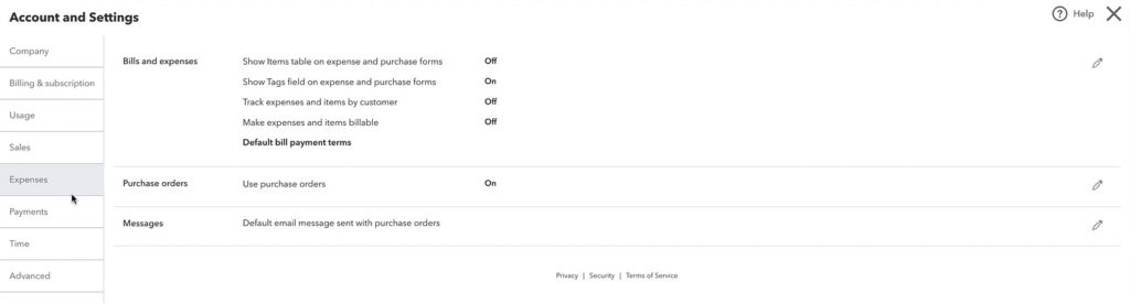 Expenses section of the QuickBooks Online Account and settings.