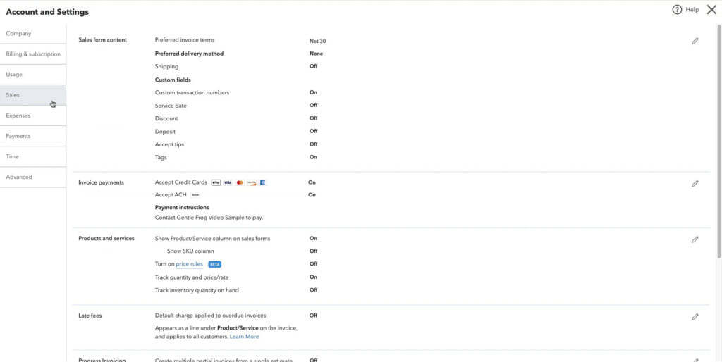 Sales section of the Account and settings in QuickBooks Online