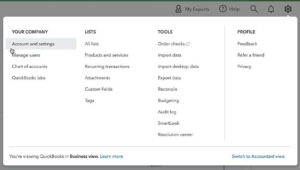 Account and settings in QuickBooks Online.