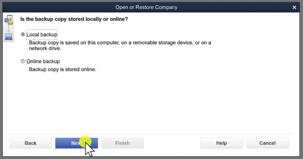 Selecting location of where you want to restore a backup from in QBDT 2022