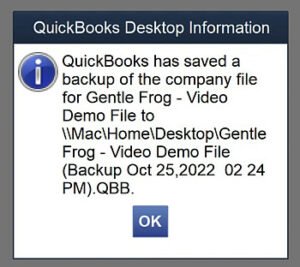 Verification that your backup was saved message in QBDT 2022.