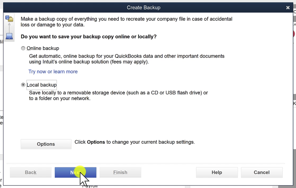 Create backup pop-up in QuickBooks Desktop 2022.