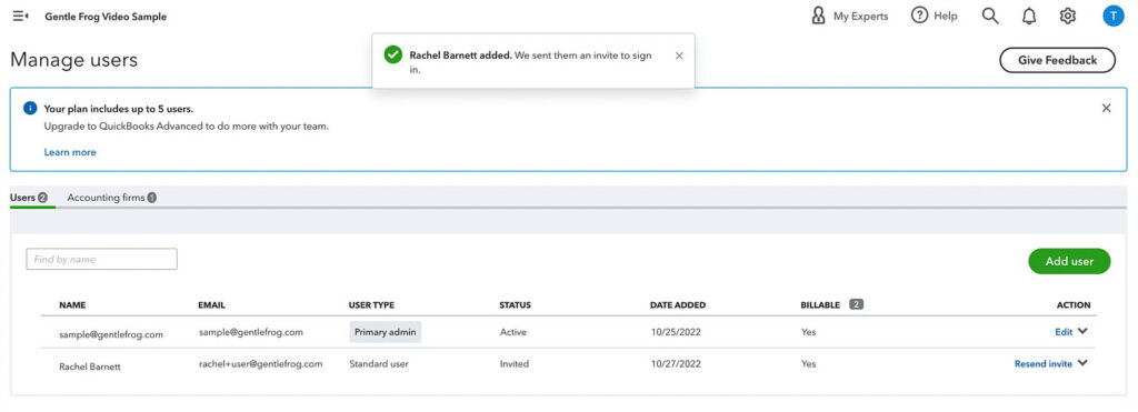 New Standard user added to QuickBooks Online.