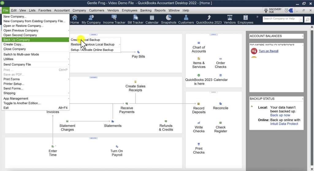 Navigating to backup in the menu in QBDT 2022
