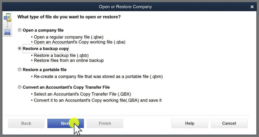 Restore a backup copy in QBDT 2022