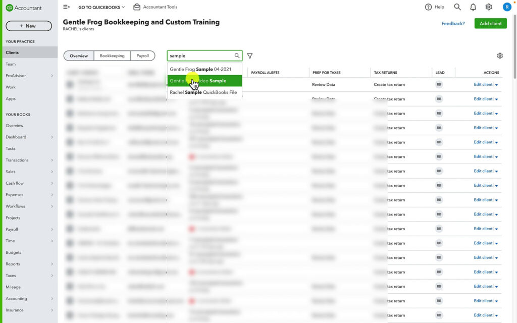 Searching for a client in QuickBooks Accountant