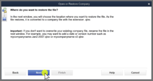 Where do you want to restore the file? QuickBooks Desktop restoring from a backup.