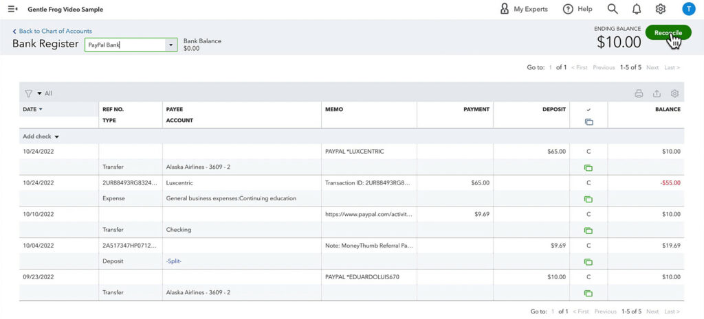Navigating to reconciling screen from the Bank Register in QuickBooks Online