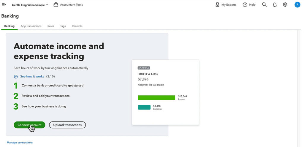 Connect account in QuickBooks Online banking screen