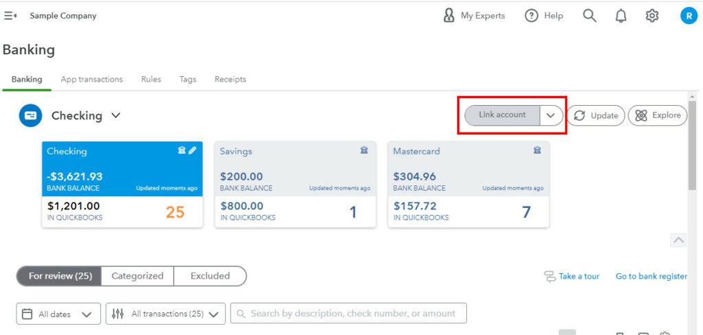 Link account button in QBO banking.