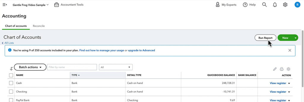 Run Report button in the Chart of Accounts in QuickBooks Online.