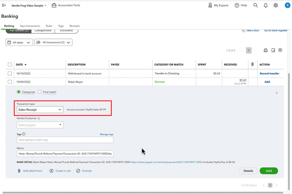PayPal transaction imported as a Sales Receipt in QuickBooks Online
