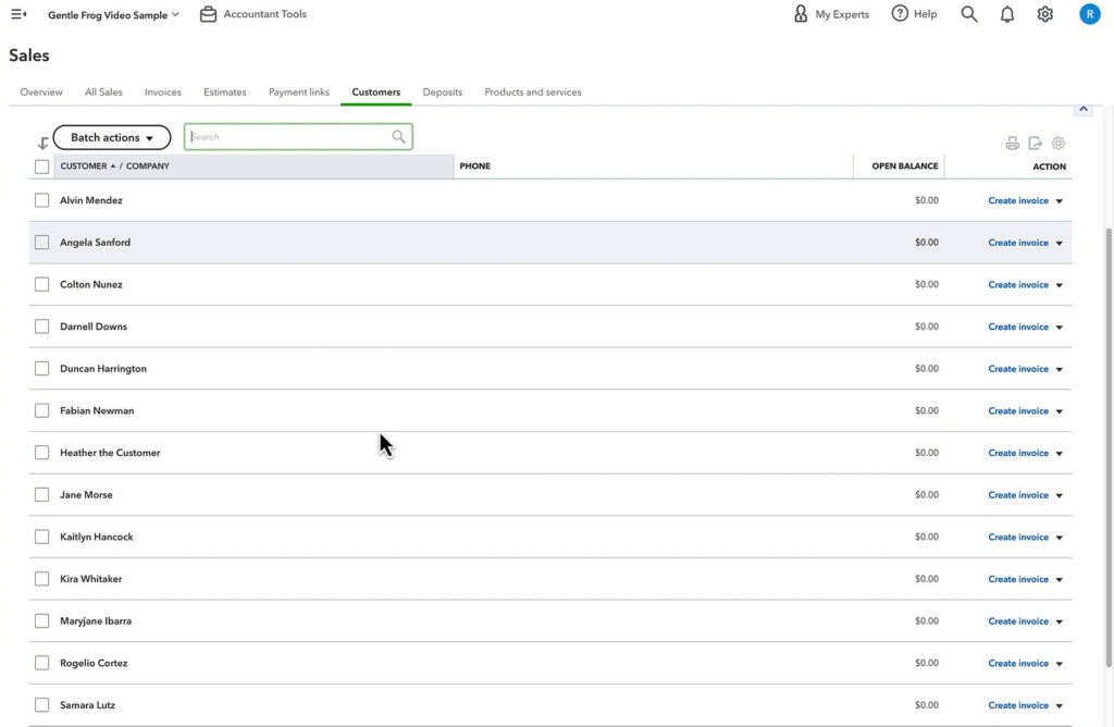 Customer list in QuickBooks Online