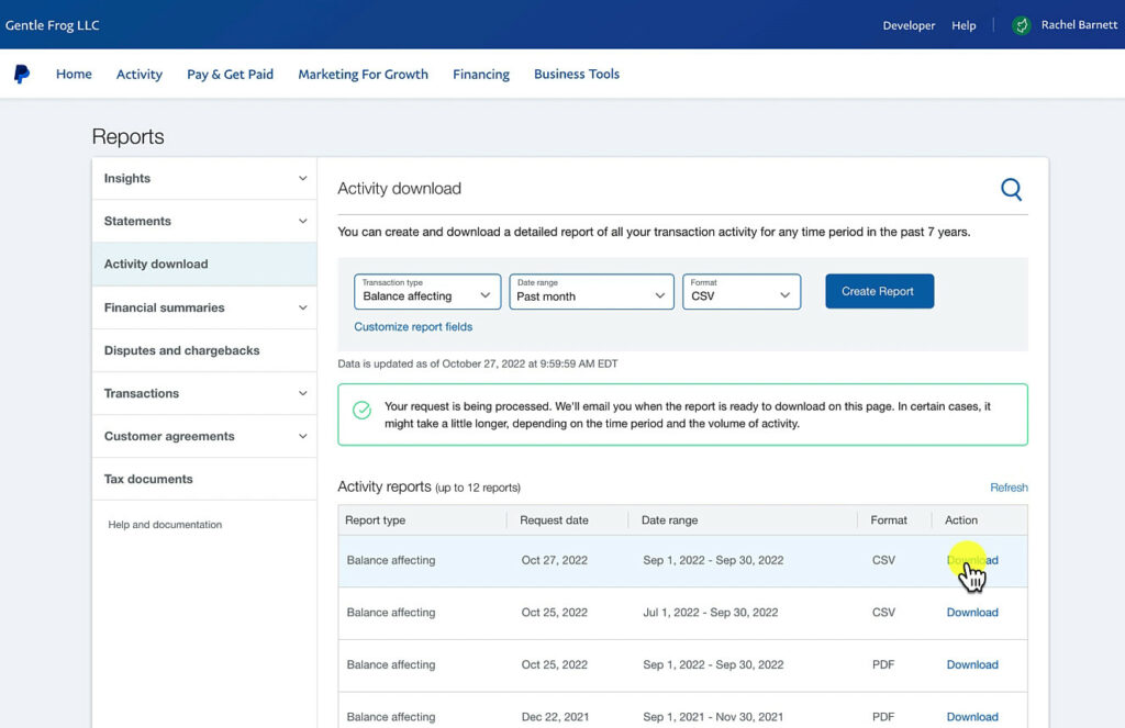 Downloading an Acivity Report CSV in PayPal