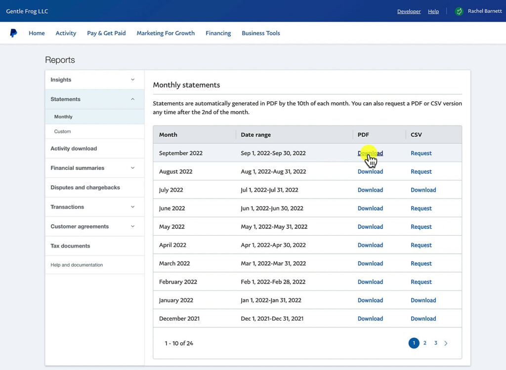 Downloading monthly PayPal statements