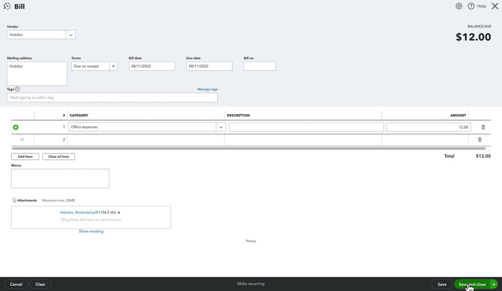 Entering a bill into QuickBooks Online