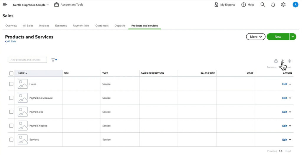 Exporting Products and Services lists in QuickBooks Online.
