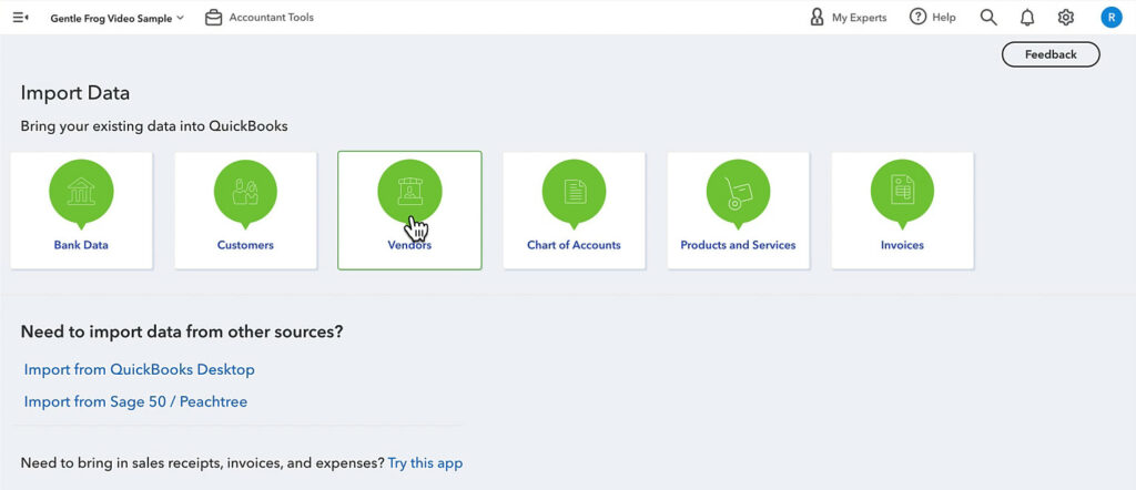 Importing vendor data into QuickBooks Online.