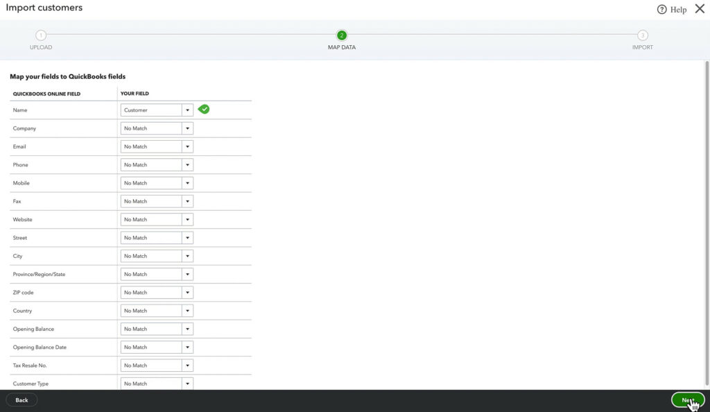 Matching fields when importing customer data in QuickBooks Online.