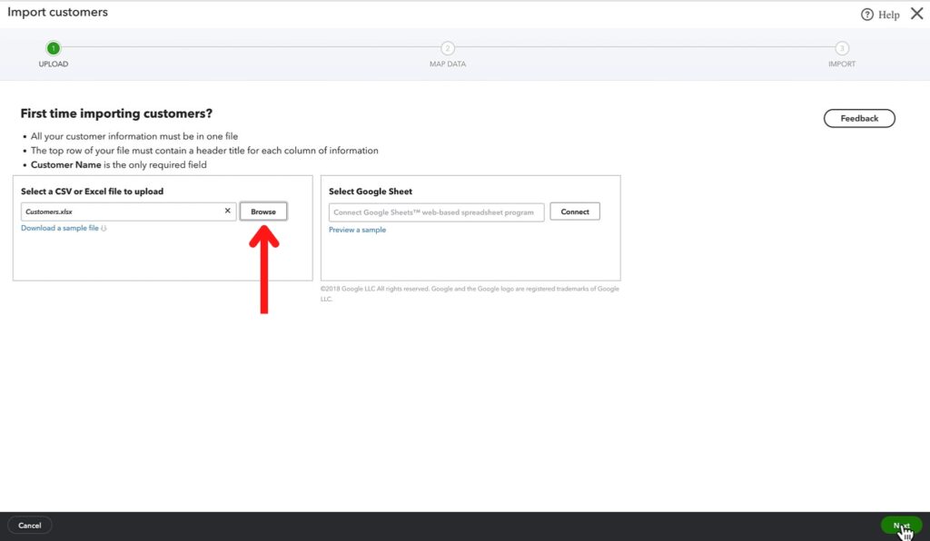 Importing customer data into QBO using an Excel file.