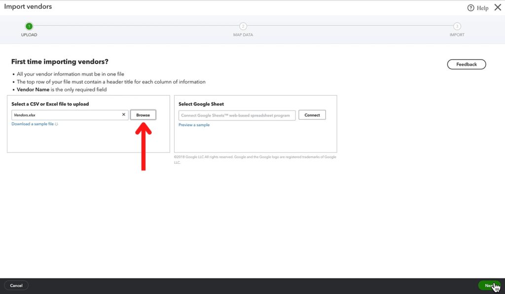 Importing Excel vendor data into QuickBooks Online.