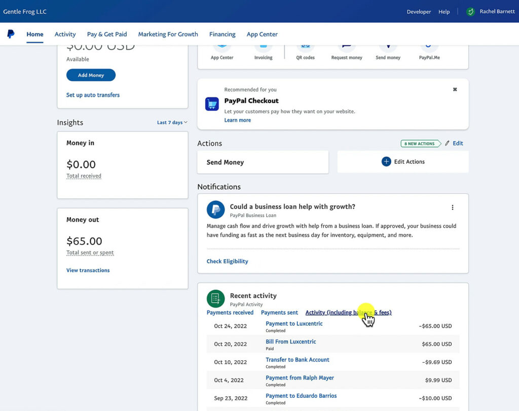 Recent Activity in PayPal
