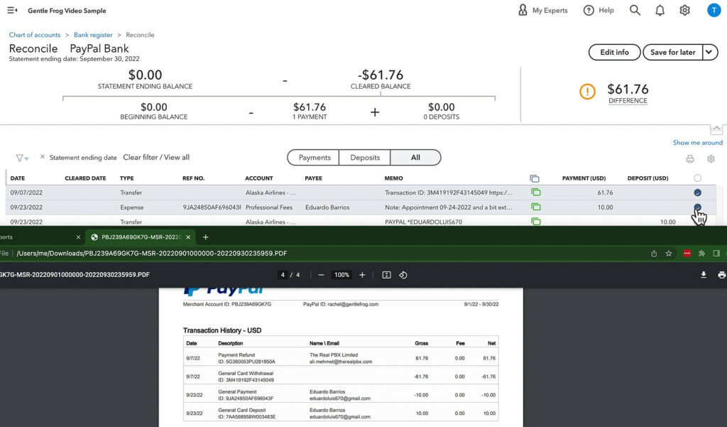 Matching your PayPal statement to your QuickBooks reconcile transaction list.